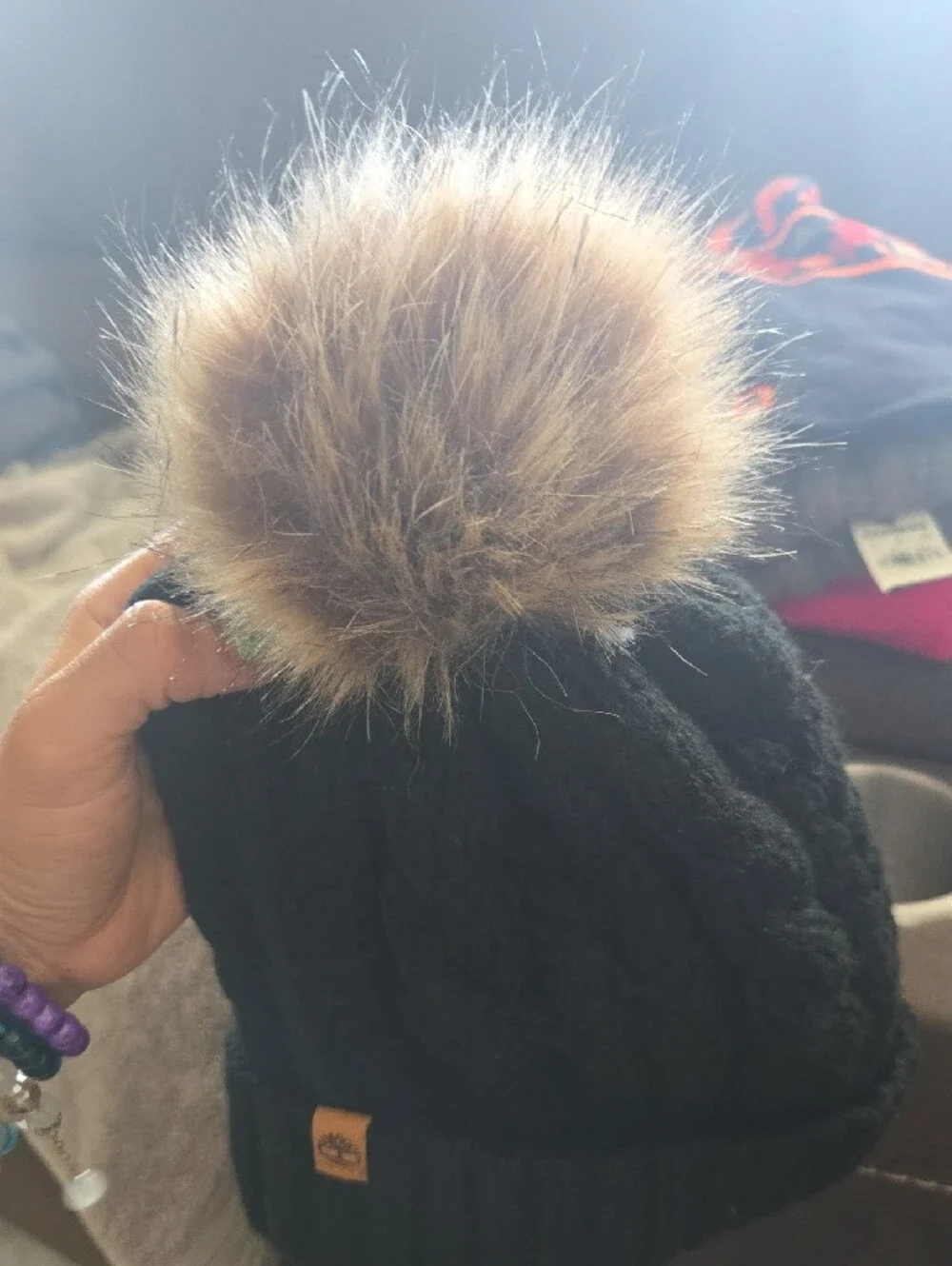 Timberland Kids Black Cable-Knit Pom Beanie with Faux Fur